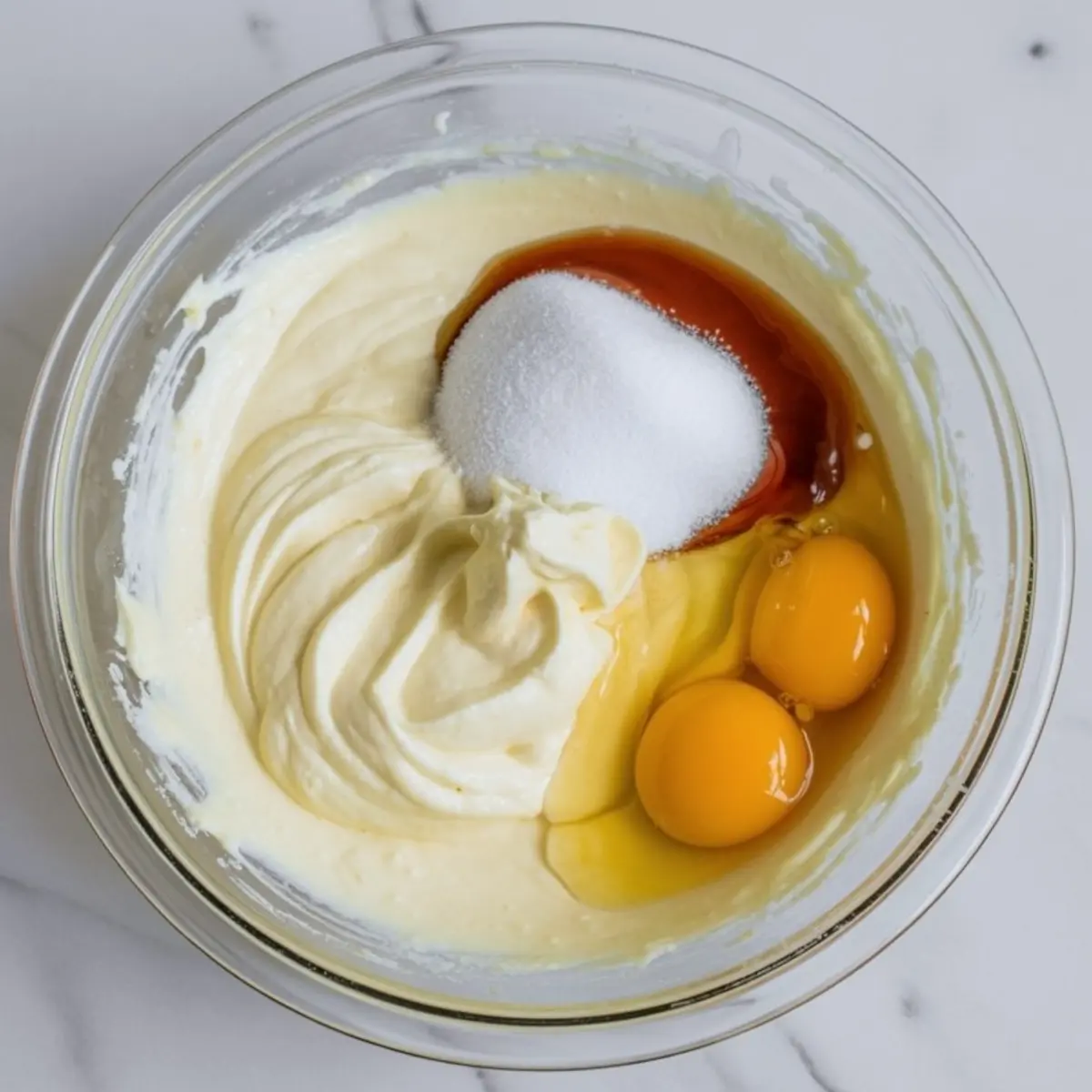 Glass mixing bowl filled with cheesecake batter, two raw eggs, sugar, and vanilla extract on a white marble surface, showing ingredients before blending.

