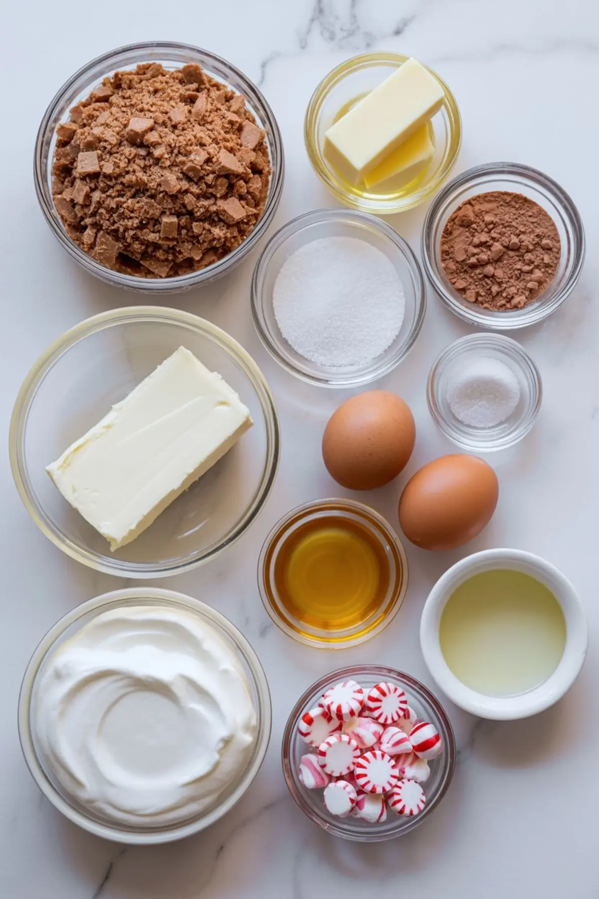 Flat lay of peppermint bark cheesecake bar ingredients arranged in small bowls, including cream cheese, sour cream, chocolate cookie crumbs, butter, cocoa powder, sugar, eggs, vanilla, and peppermint candies.
