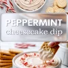 Pinterest collage showcasing peppermint cheesecake dip with candy cane pieces and crackers, featuring a text overlay in frosted glass style that reads “PEPPERMINT cheesecake dip,” and a close-up of the dip with a cracker being lifted.