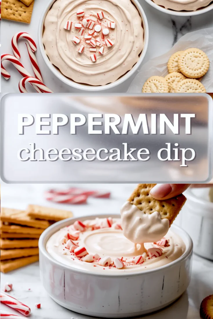 Pinterest collage showcasing peppermint cheesecake dip with candy cane pieces and crackers, featuring a text overlay in frosted glass style that reads “PEPPERMINT cheesecake dip,” and a close-up of the dip with a cracker being lifted.