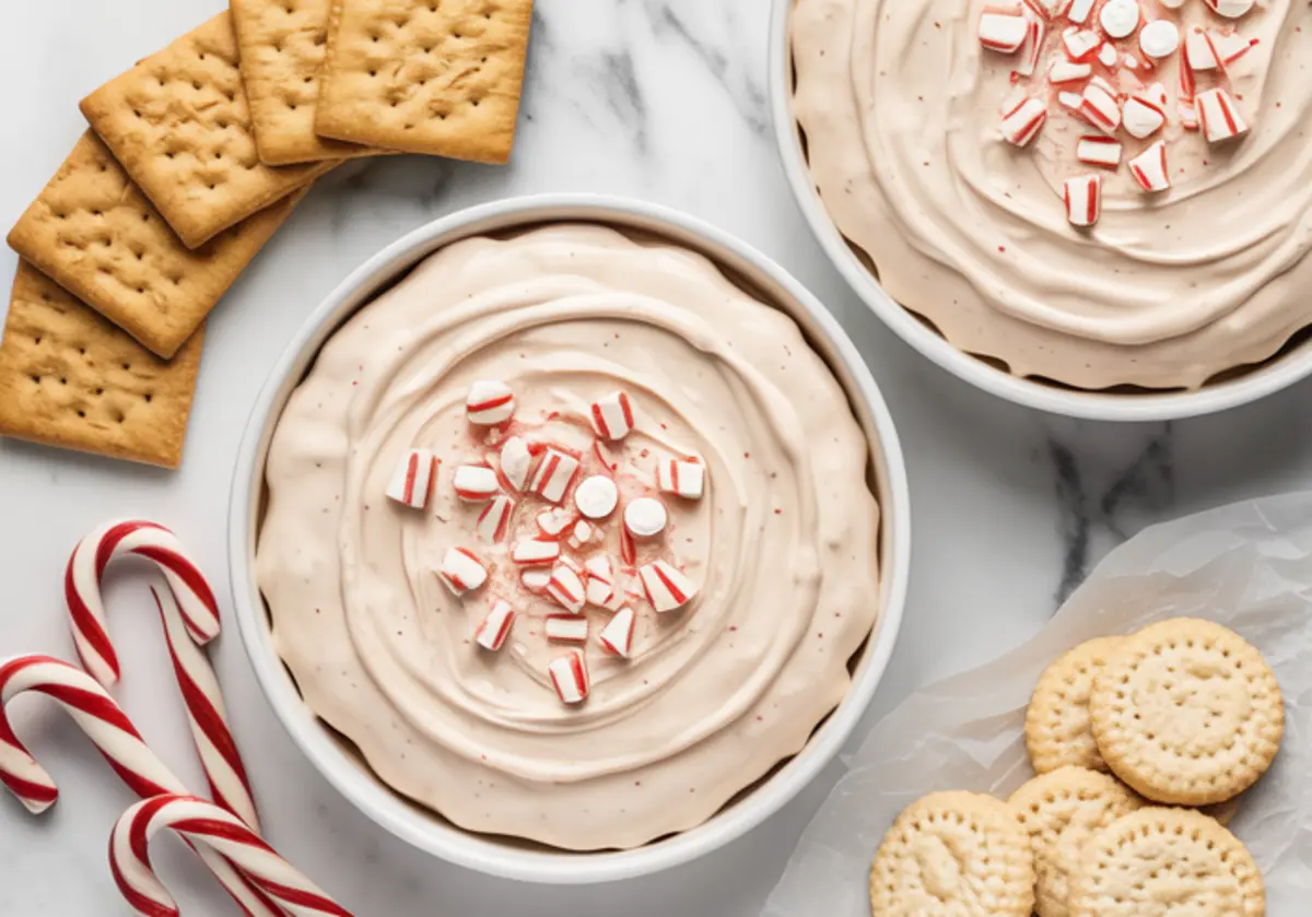 Two bowls of peppermint cheesecake dip topped with crushed peppermint candy, served with round cookies, graham crackers, and candy canes on a marble surface.

