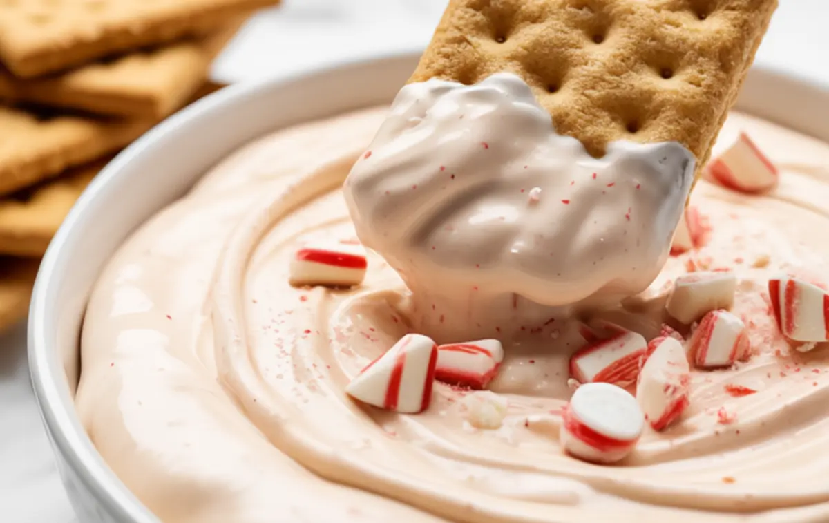 Close-up of graham cracker dipped into creamy peppermint cheesecake dip garnished with crushed peppermint candies in a white bowl.
