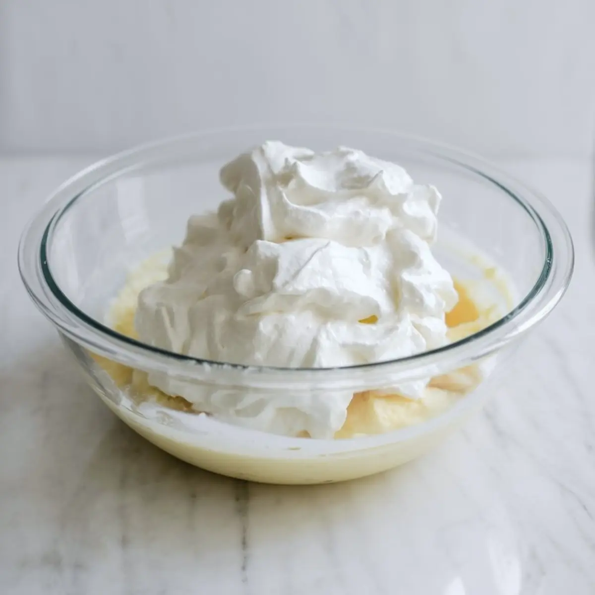 Glass mixing bowl filled with fluffy whipped topping on top of a yellow pudding-like base, sitting on a white marble surface.
