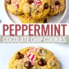 Collage featuring freshly baked peppermint chocolate chip cookies on a white plate, with bold text overlay and a close-up of a cookie with a bite taken out, showcasing melted chocolate chips and candy cane bits.