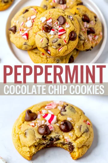 Collage featuring freshly baked peppermint chocolate chip cookies on a white plate, with bold text overlay and a close-up of a cookie with a bite taken out, showcasing melted chocolate chips and candy cane bits.