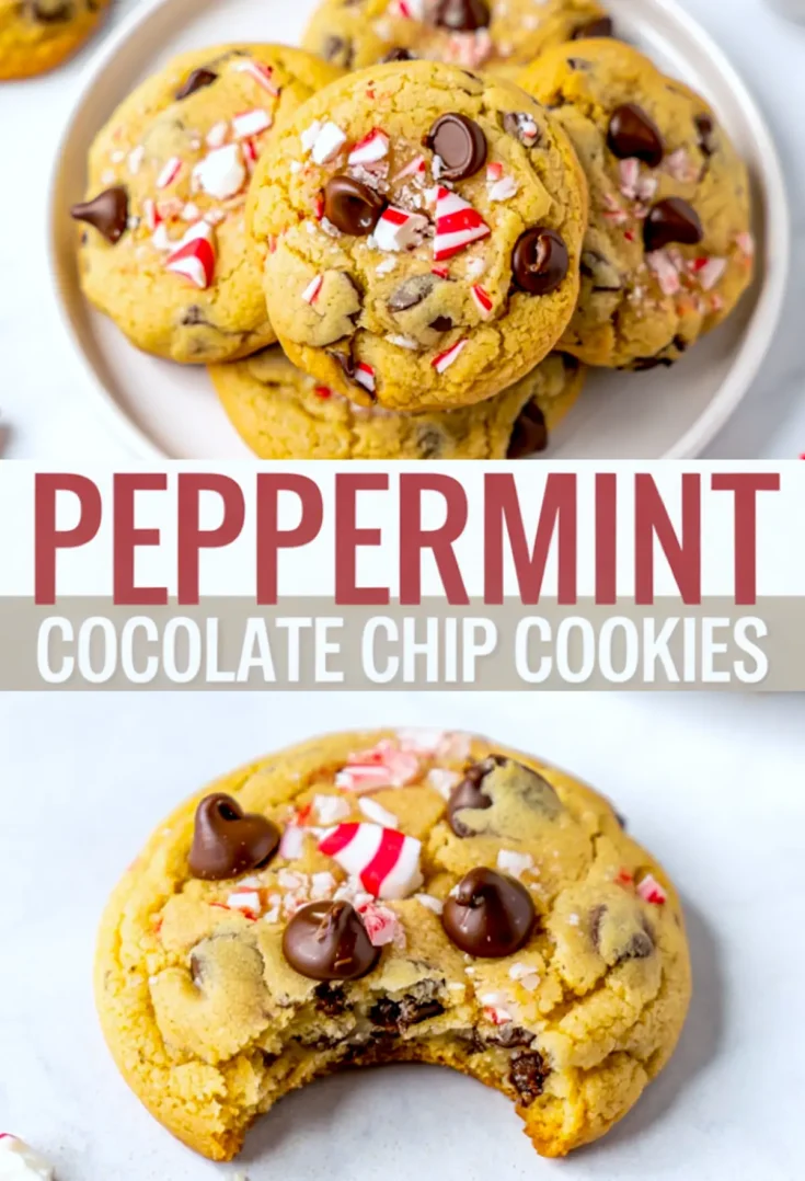 Collage featuring freshly baked peppermint chocolate chip cookies on a white plate, with bold text overlay and a close-up of a cookie with a bite taken out, showcasing melted chocolate chips and candy cane bits.