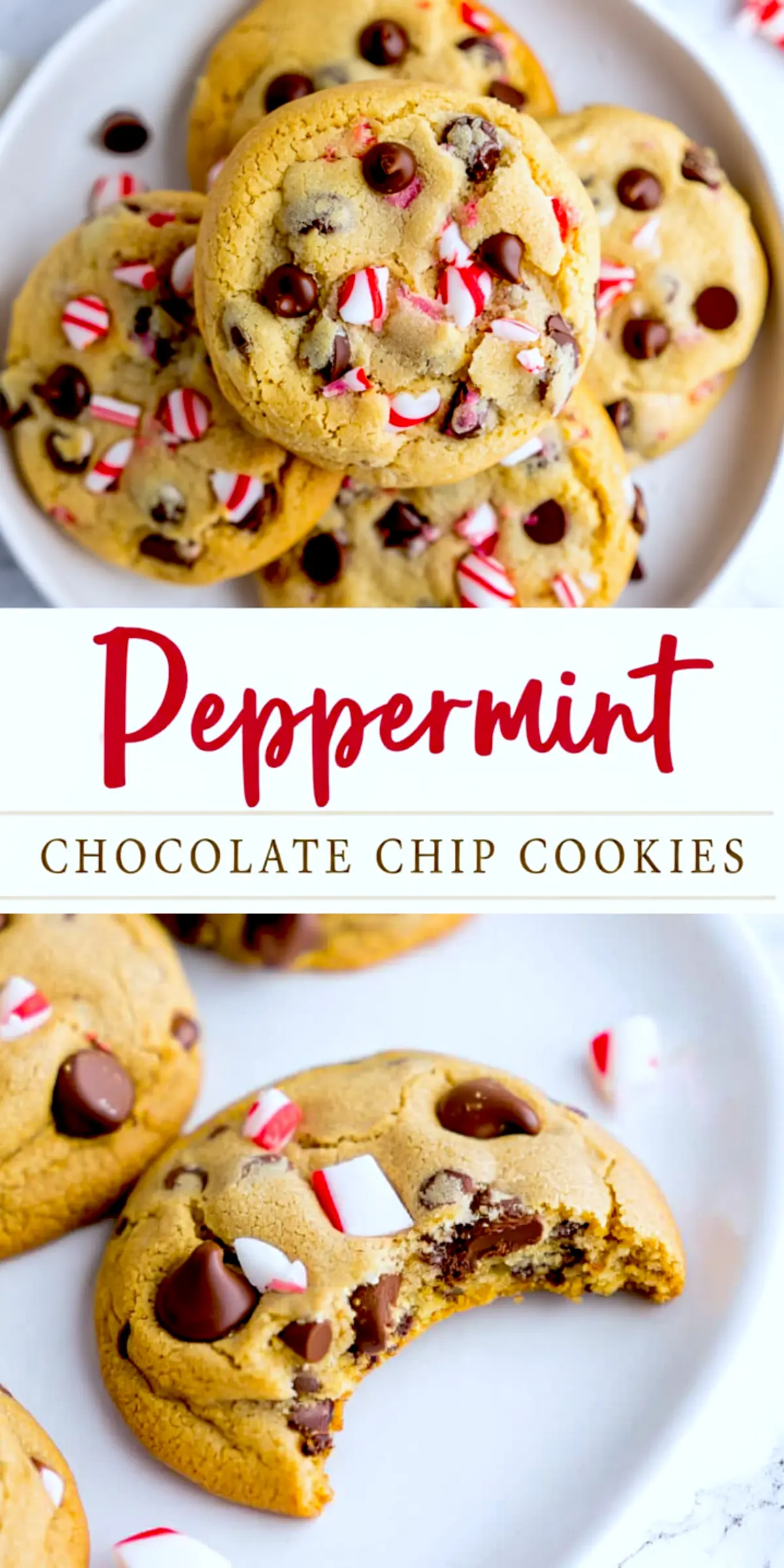 Collage showing peppermint chocolate chip cookies stacked on a plate and a close-up of a bitten cookie revealing a gooey center with melted chocolate and peppermint pieces.
