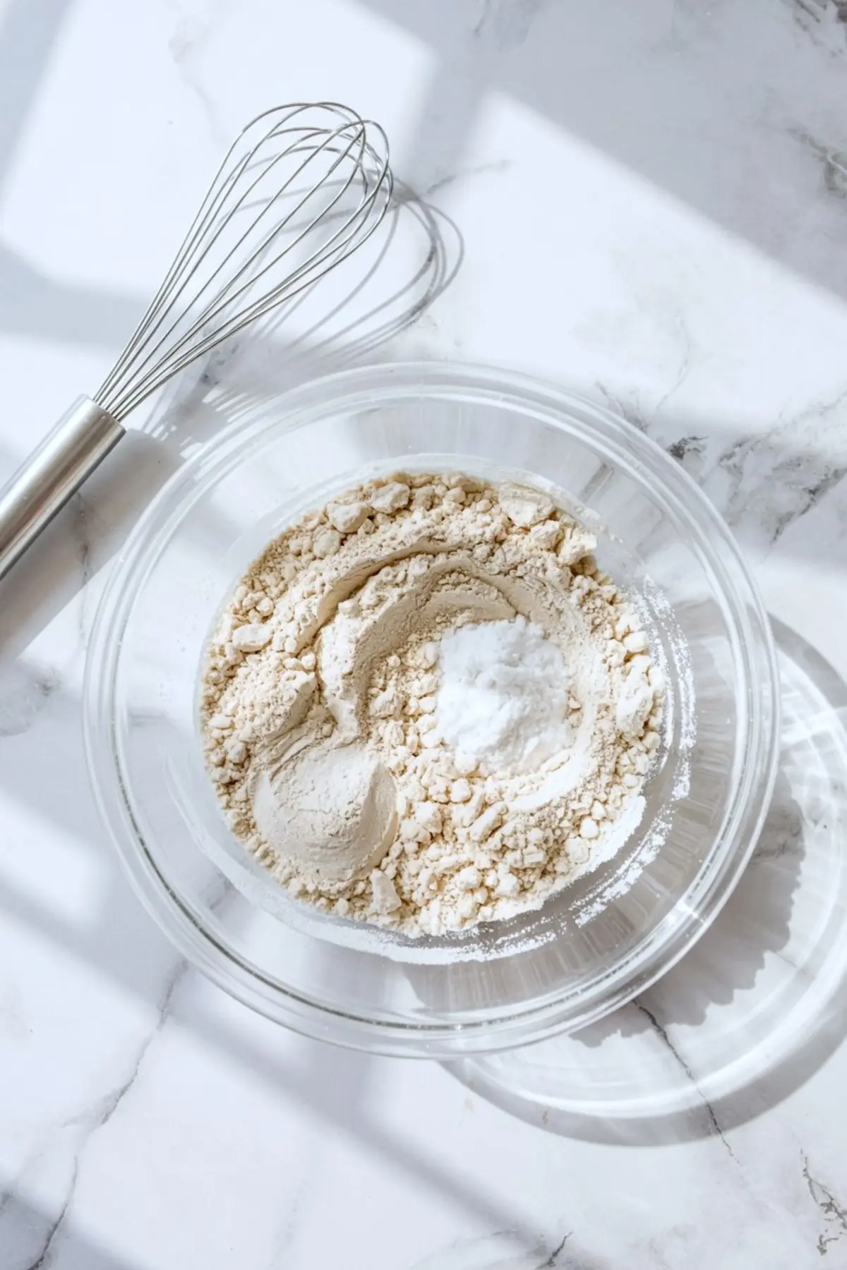 A clear glass bowl filled with flour and baking powder on a marble countertop, with a stainless steel whisk placed beside it for dry ingredient mixing.
