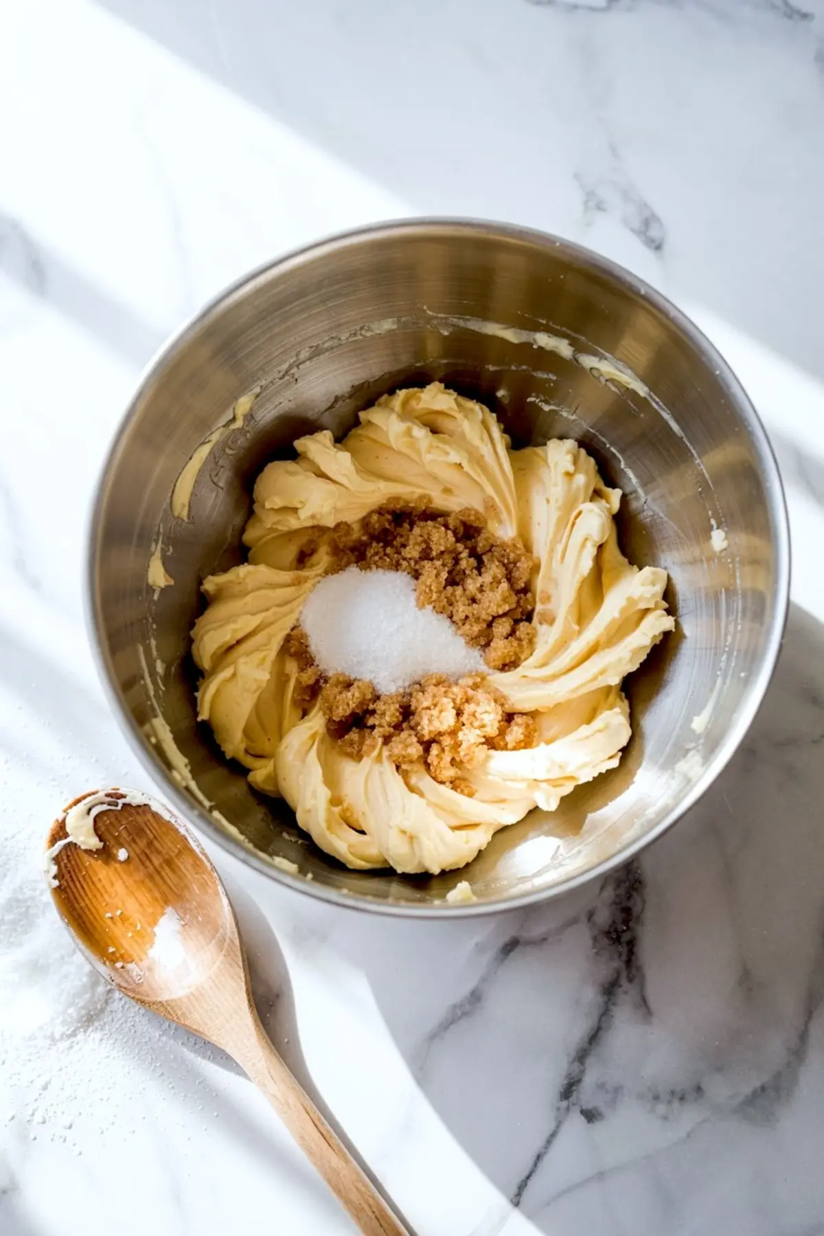 Creamed butter and sugar mixture in a metal bowl, showing granulated sugar and brown sugar in the center, with a wooden spoon resting nearby.
