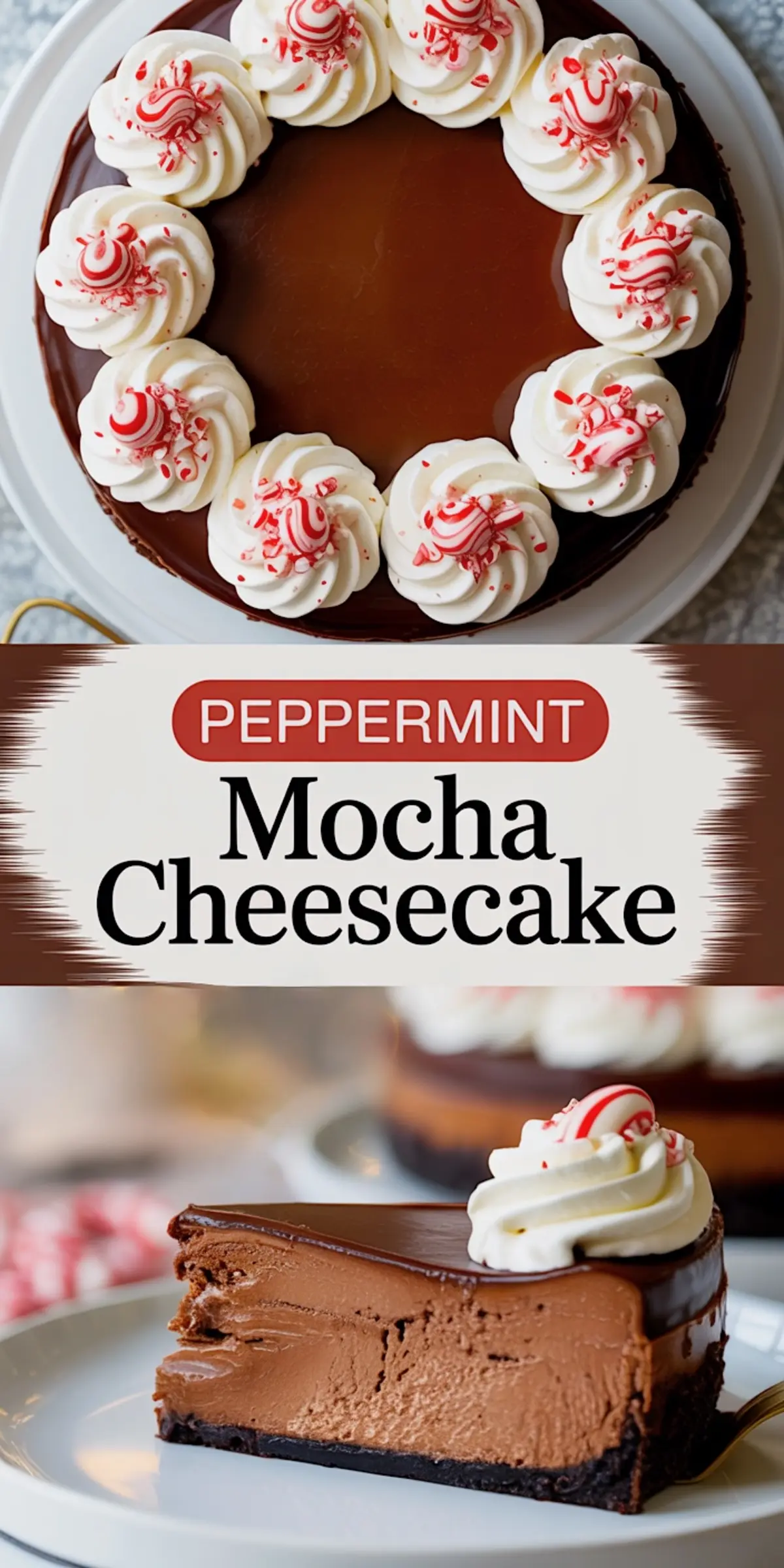 Top and bottom collage featuring a festive peppermint mocha cheesecake topped with piped whipped cream and peppermint candies. The top view highlights a glossy chocolate ganache finish with candy cane swirls, while the bottom image showcases a slice of the cheesecake with a rich chocolate filling and a dark cookie crust on a plate.