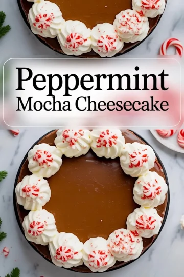 Overhead view of a peppermint mocha cheesecake garnished with swirls of whipped cream and crushed peppermint candy. The chocolate ganache topping creates a shiny finish, while candy canes and fir sprigs surround the dessert on a marble surface for holiday decor.