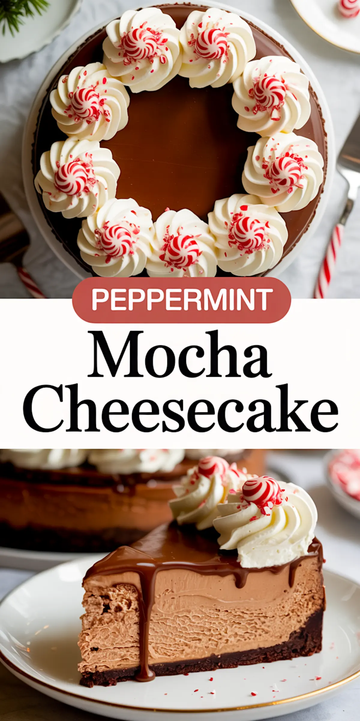 Top and bottom collage of a holiday peppermint mocha cheesecake. The top image features a close-up of whipped cream swirls with red peppermint candies on a glossy chocolate layer, while the bottom image displays a slice of the cheesecake with creamy mocha layers and a dense chocolate crust dripping with ganache.