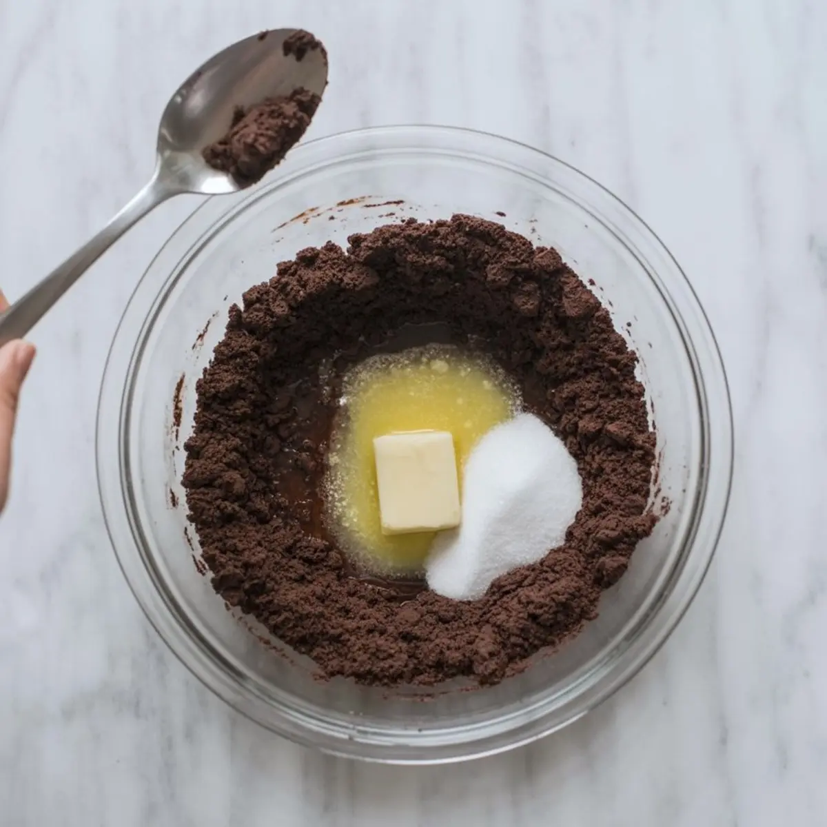 A glass mixing bowl holds a base layer of crushed chocolate cookie crumbs with melted butter, granulated sugar, and a pat of butter in the center, ready for blending. A spoon with additional cocoa mixture is held above the bowl, showing ingredients for a chocolate dessert crust.
