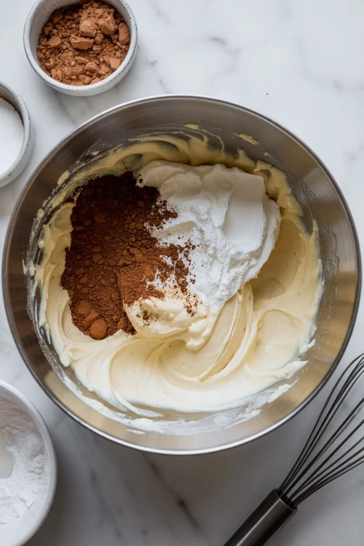 A stainless steel mixing bowl filled with creamy cheesecake batter, topped with cocoa powder and a scoop of whipped topping. Surrounding the bowl are small dishes of powdered sugar and cocoa, set on a white marble surface for dessert preparation.
