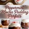 Collage image with the title “Peppermint Mocha Pudding Parfaits” featuring whipped cream-topped parfaits in glass jars, garnished with crushed peppermint candy on parchment paper and marble background.
