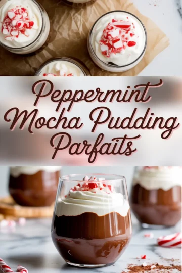 Collage image with the title “Peppermint Mocha Pudding Parfaits” featuring whipped cream-topped parfaits in glass jars, garnished with crushed peppermint candy on parchment paper and marble background.