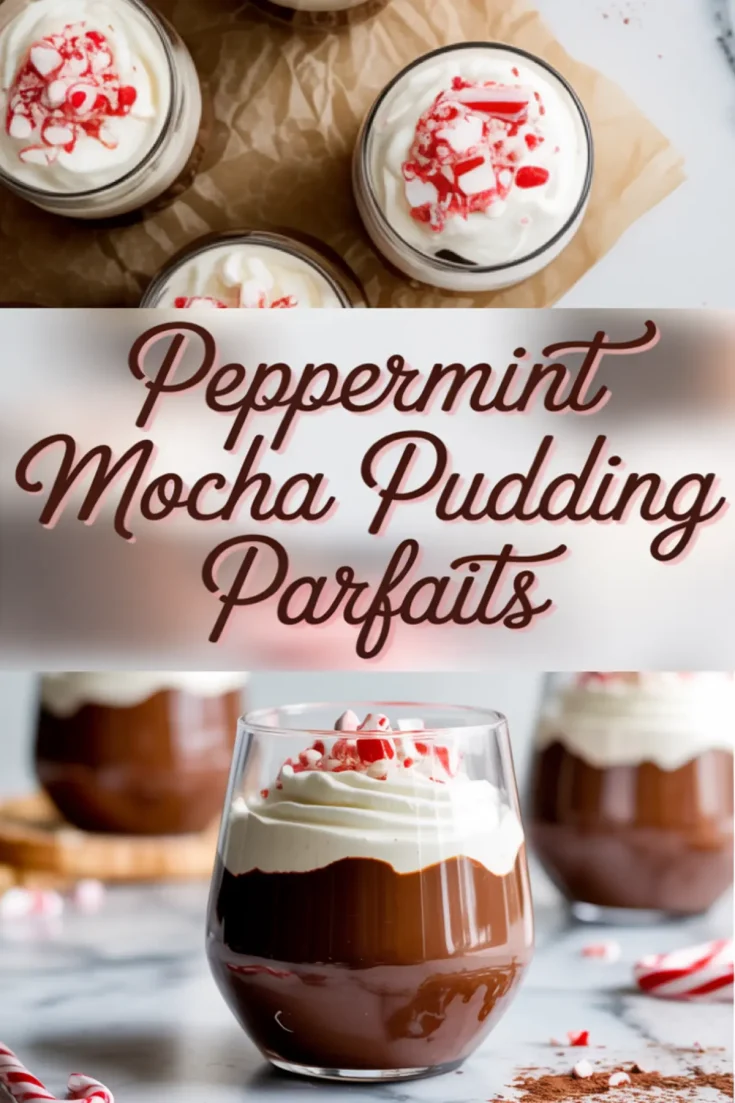 Collage image with the title “Peppermint Mocha Pudding Parfaits” featuring whipped cream-topped parfaits in glass jars, garnished with crushed peppermint candy on parchment paper and marble background.
