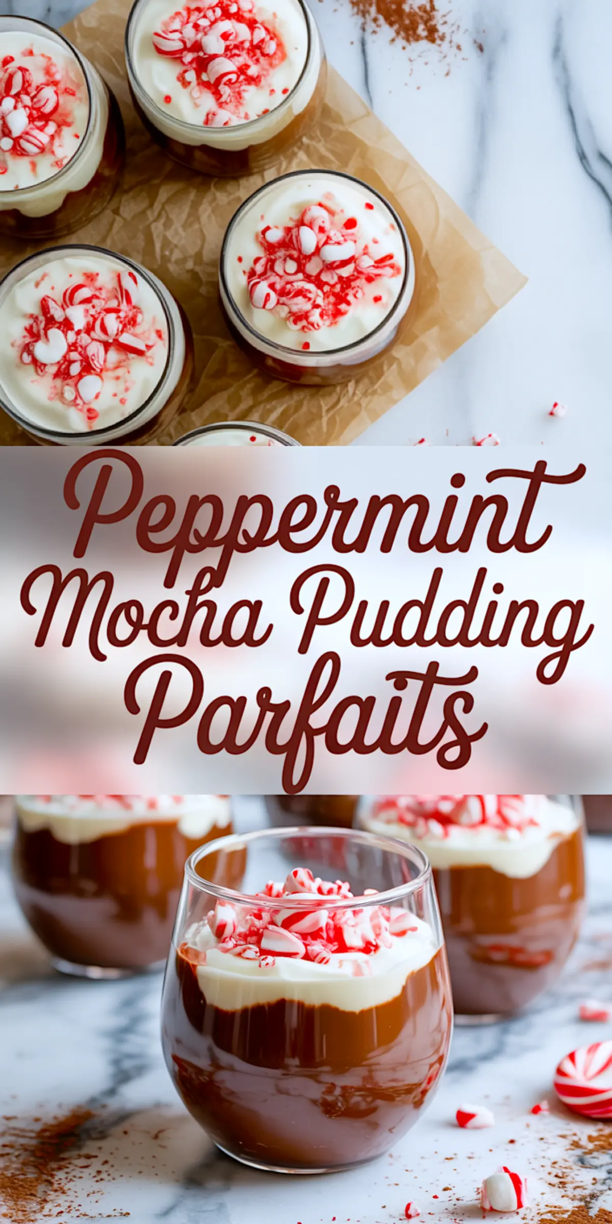 Vertical collage with text overlay “Peppermint Mocha Pudding Parfaits” showcasing close-up views of layered dessert glasses filled with chocolate pudding, whipped cream, and peppermint candy bits on marble background.
