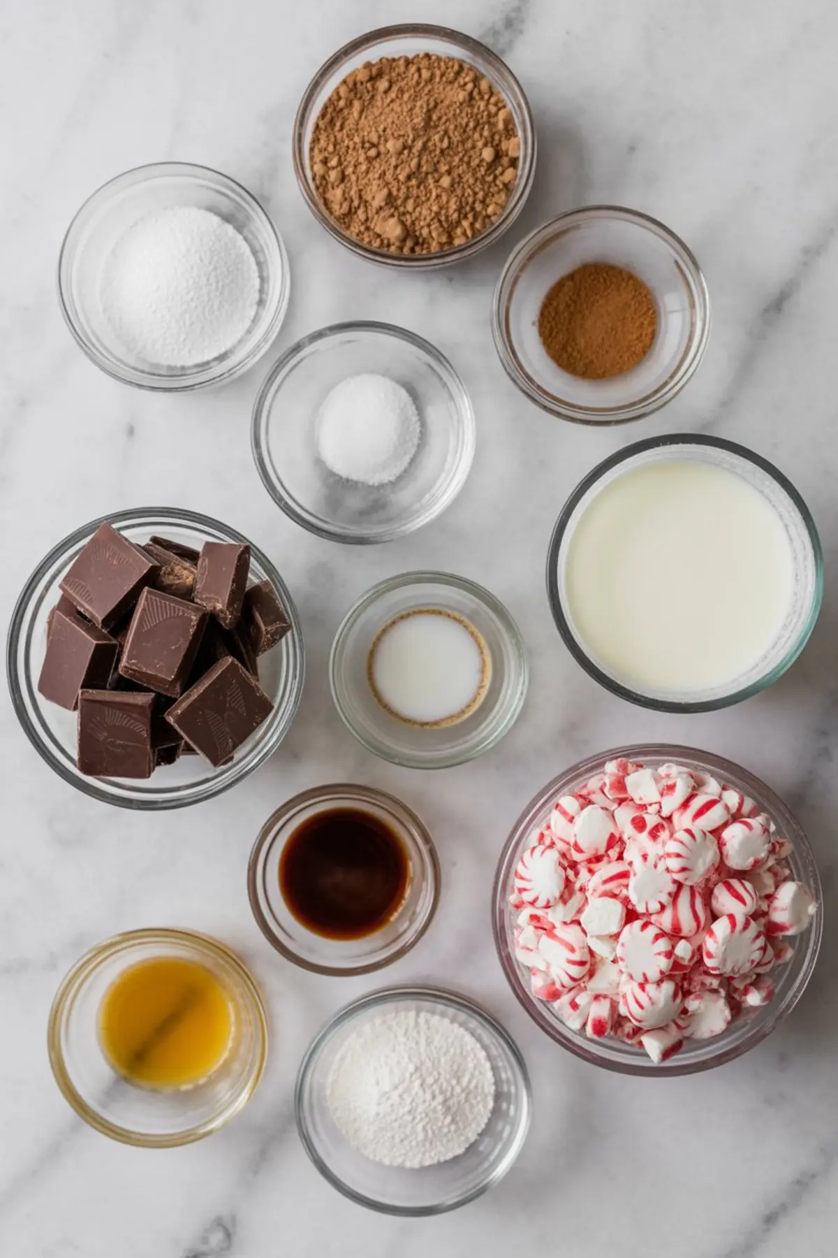 Glass bowls filled with ingredients for peppermint mocha pudding parfaits on a white marble surface, including cocoa powder, chocolate chunks, milk, granulated sugar, peppermint candies, powdered sugar, and vanilla extract.
