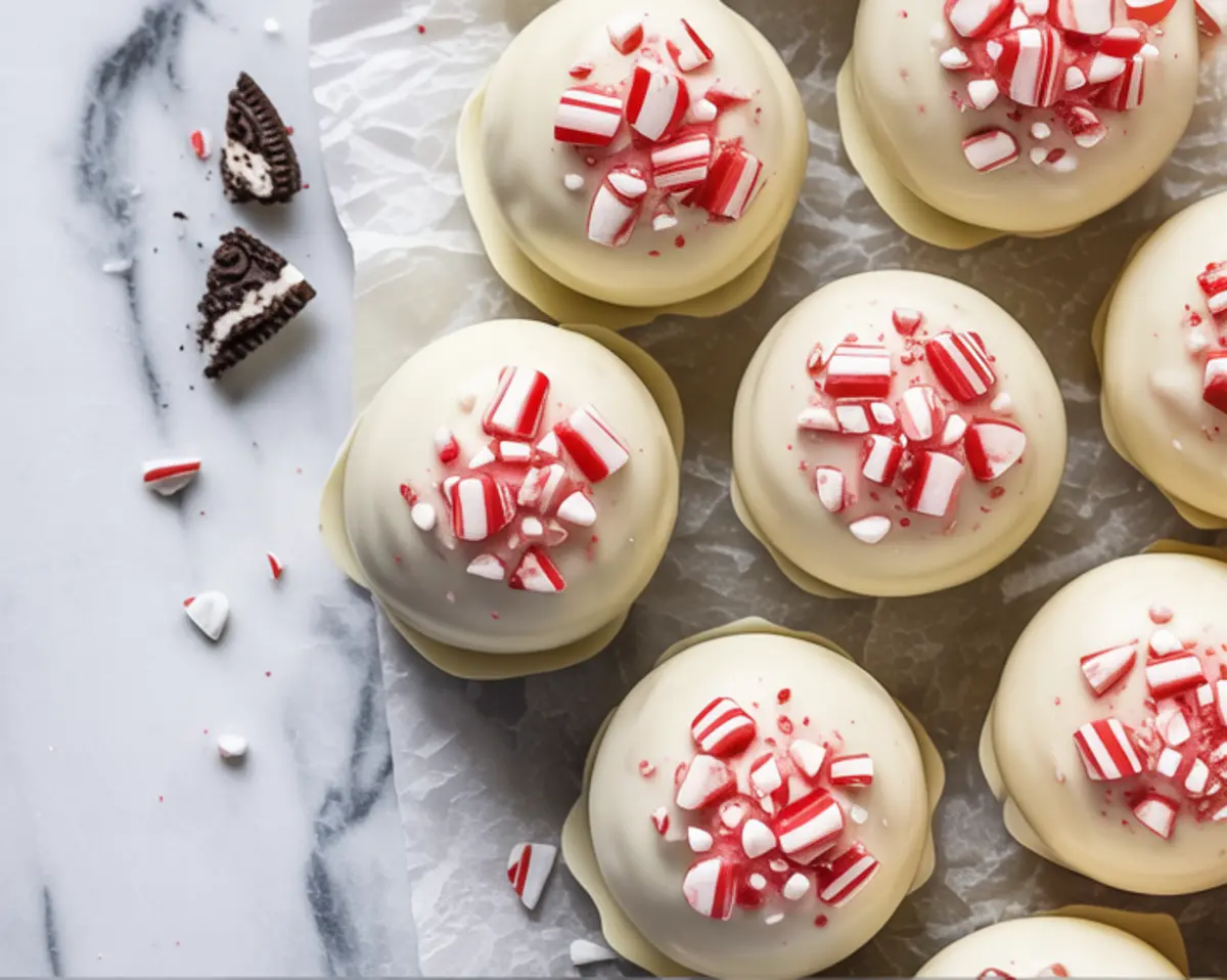 Finished peppermint Oreo truffles coated in white chocolate and topped with crushed peppermint candy pieces, displayed on parchment paper with cookie and candy fragments.
