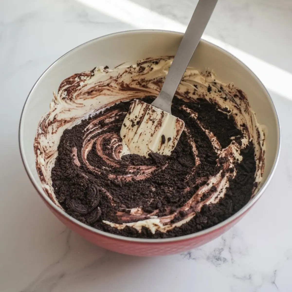 A mixing bowl filled with crushed Oreo cookies swirled into creamy white filling using a spatula, shown on a marble surface.
