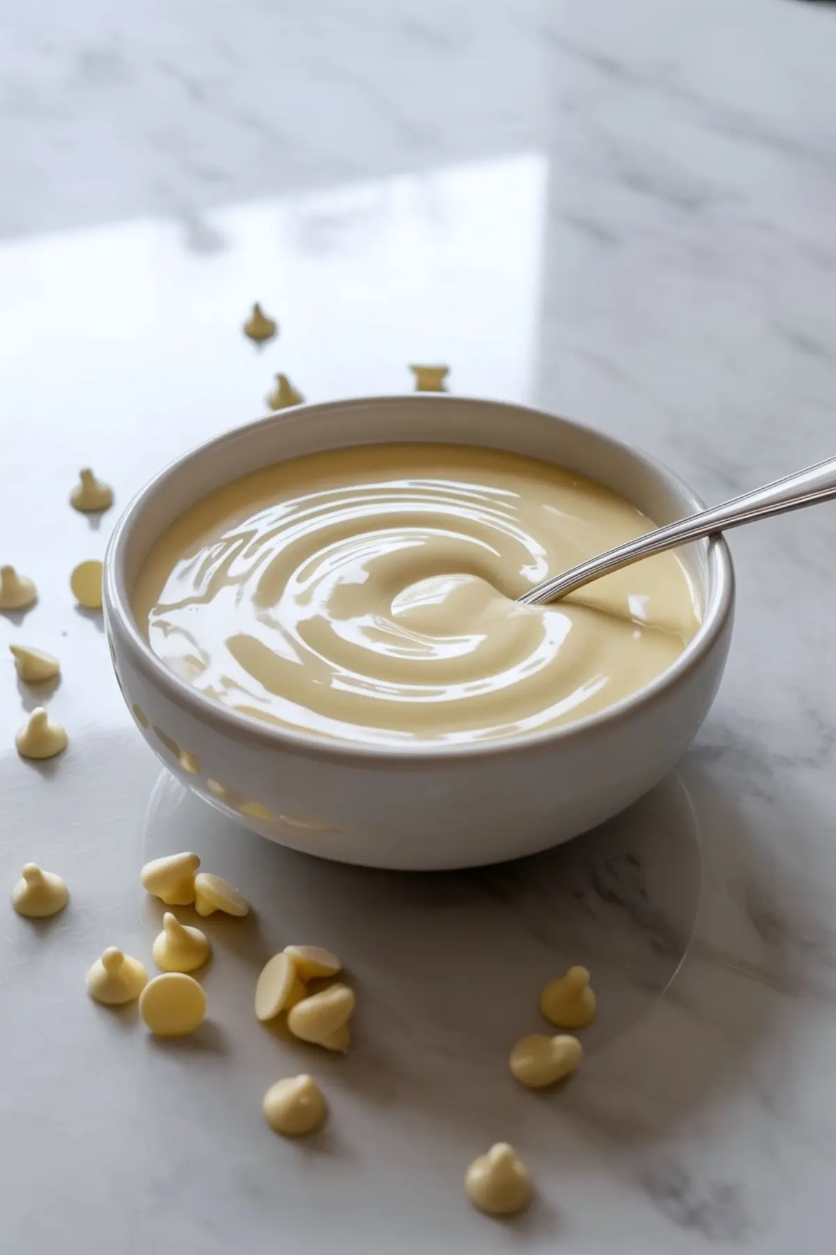 Melted white chocolate in a small bowl with a spoon, surrounded by scattered white chocolate chips on a glossy marble surface.
