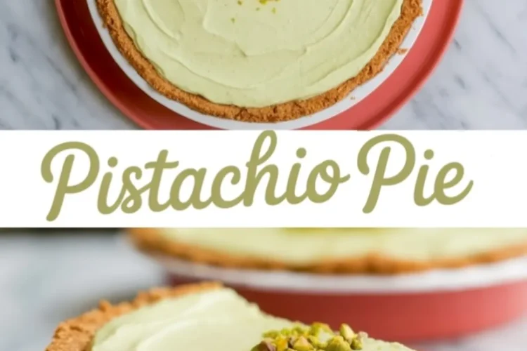 Flat lay and close-up slice of a fluffy pistachio pie with a crunchy base, creamy pale green filling, and crushed pistachio topping, paired with overlay text “Pistachio Pie” in soft green lettering.