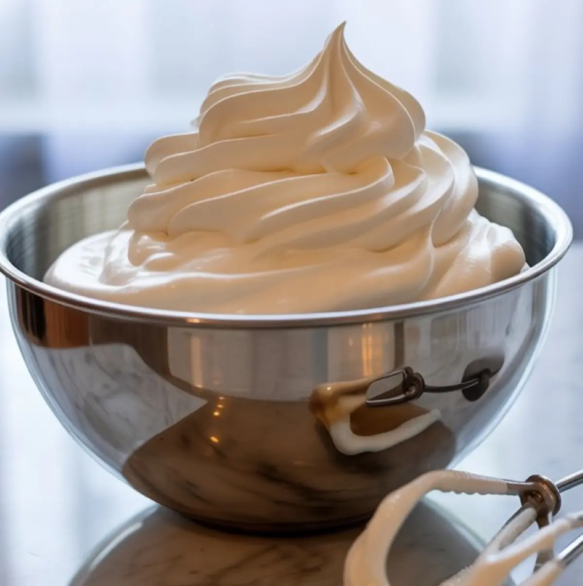 Stainless steel mixing bowl filled with smooth, fluffy whipped cream, with beaters resting beside it on a marble countertop.

