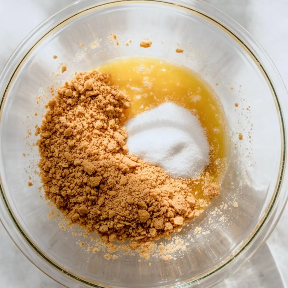 Clear glass mixing bowl containing graham cracker crumbs, melted butter, and granulated sugar in preparation for a pie crust.
