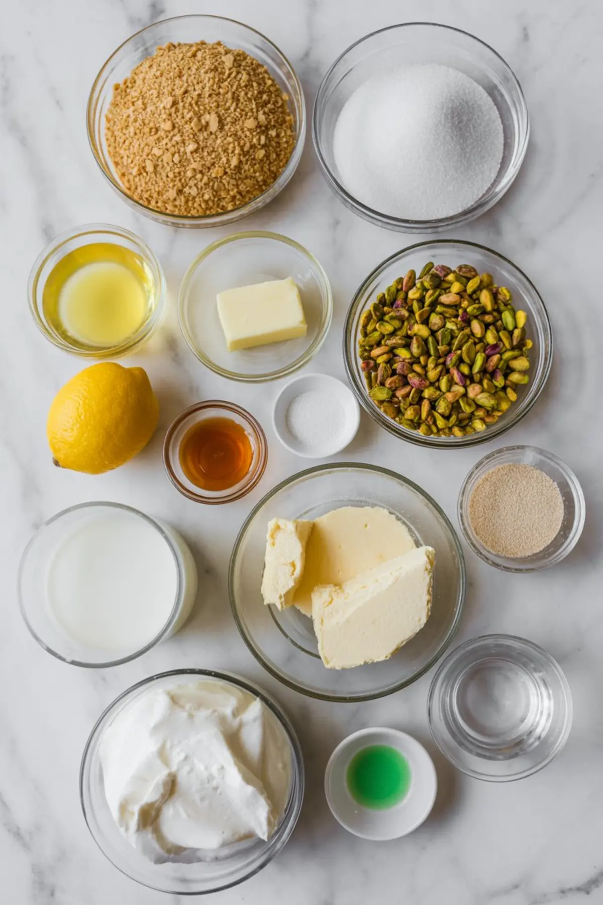 Glass bowls arranged on a marble surface filled with ingredients for pistachio pie, including graham cracker crumbs, granulated sugar, butter, lemon, vanilla extract, pistachios, milk, paneer cheese, cream, rose water, green food coloring, oil, and yeast.

