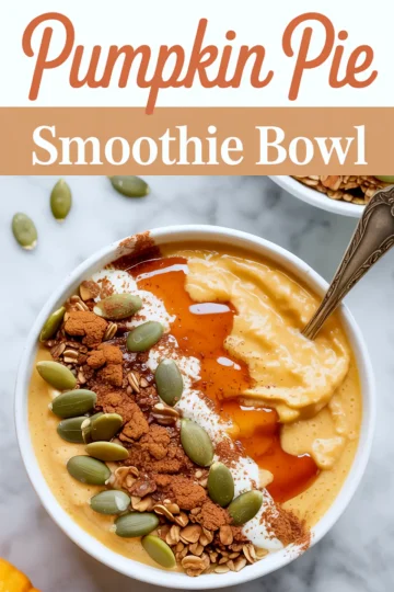 Close-up of a pumpkin pie smoothie bowl topped with pumpkin seeds, granola, Greek yogurt, cinnamon, and a maple drizzle, served with a spoon on a marble surface.