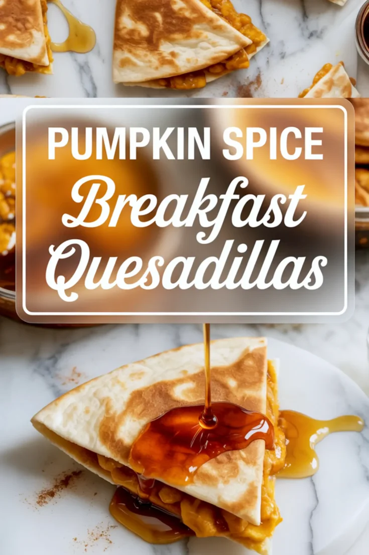 Vertical collage of pumpkin spice quesadillas on a marble surface, drizzled with maple syrup and labeled with “Pumpkin Spice Breakfast Quesadillas” text overlay.