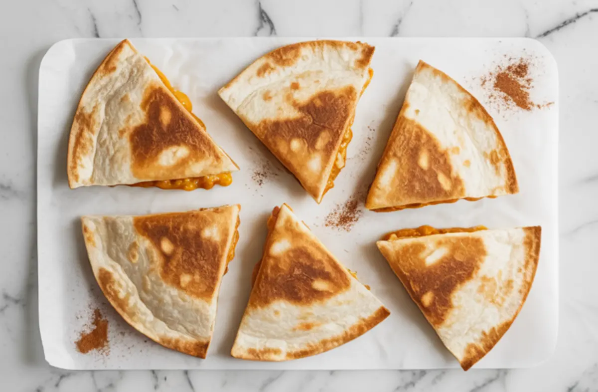 Six golden-brown pumpkin spice breakfast quesadilla wedges arranged on a parchment-lined tray with cinnamon sprinkled around them.
