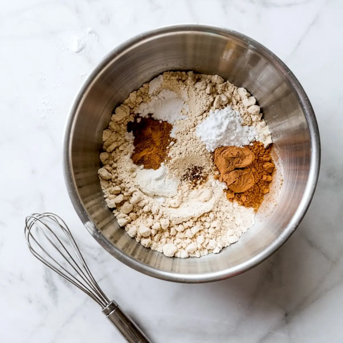 Dry ingredients for snickerdoodle cupcakes in a stainless steel mixing bowl, including flour, cinnamon, baking soda, and nutmeg, with a metal whisk beside it.