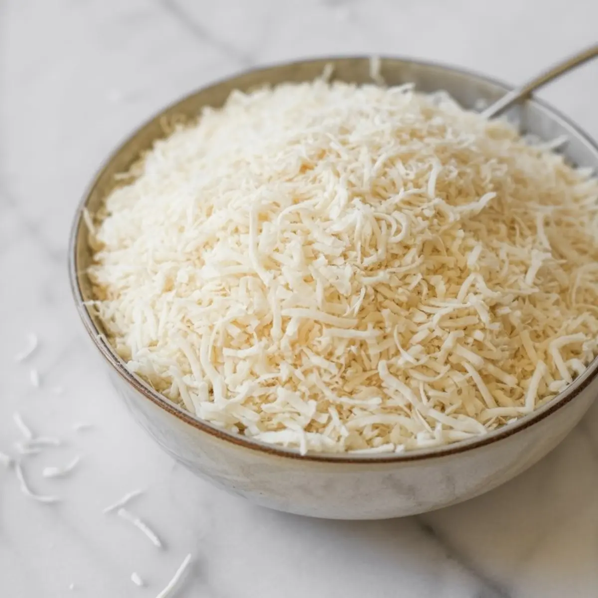 Close-up of a bowl filled with finely shredded sweetened coconut, with scattered flakes on a white marble surface.