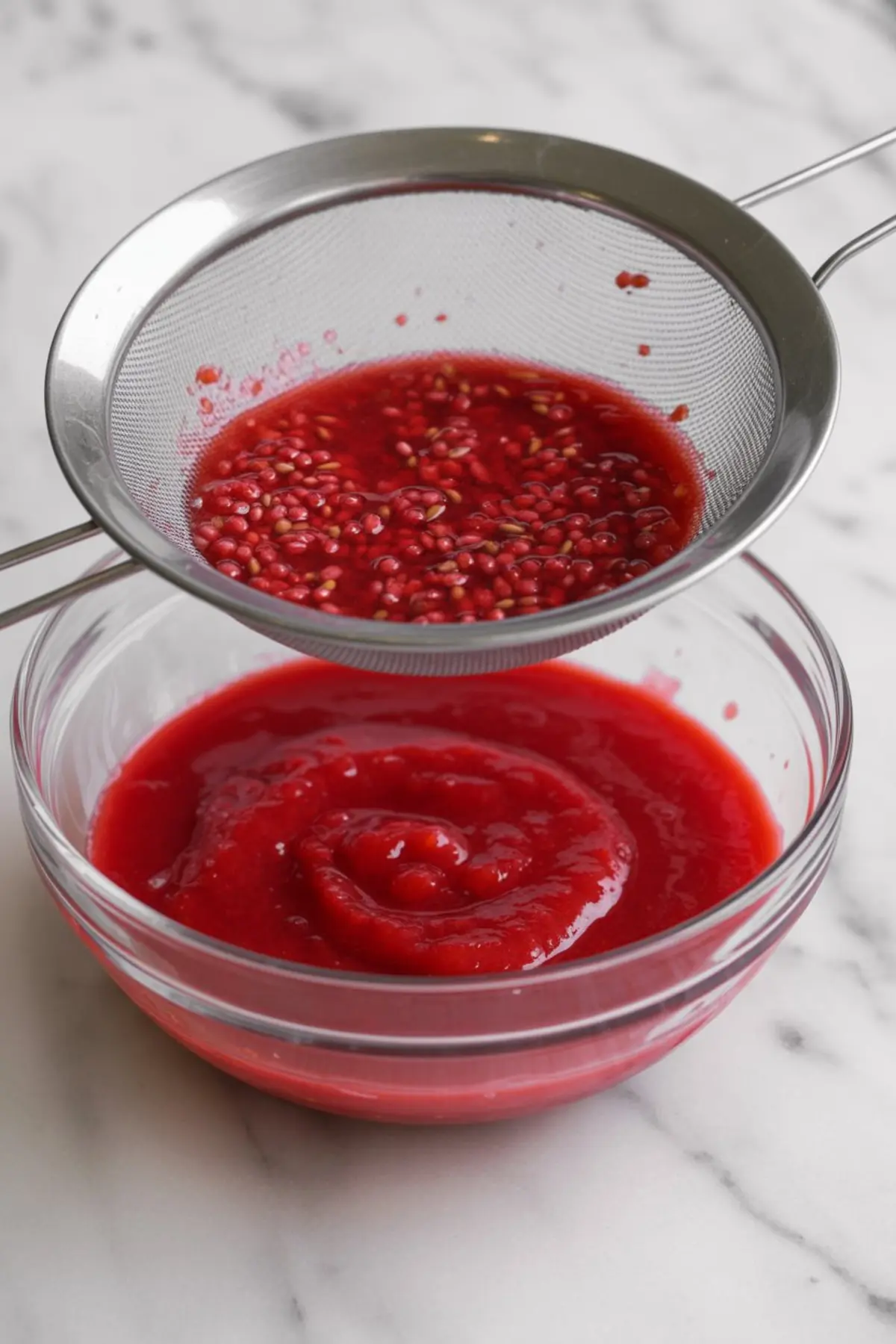 Fine mesh strainer separating raspberry seeds from a vibrant red raspberry puree, with the smooth puree collecting in a glass bowl underneath.