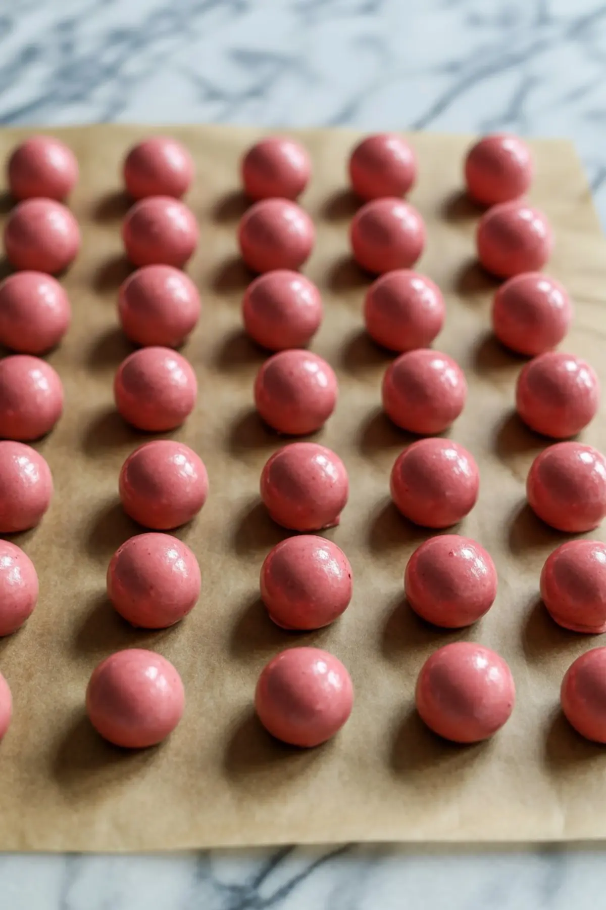Rows of smooth, glossy raspberry truffle centers arranged on parchment paper, set on a marble countertop for cooling or setting.