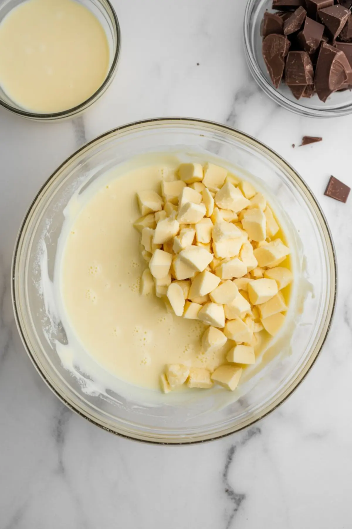 Mixing bowl filled with melted white chocolate and sweetened condensed milk, topped with chunks of white chocolate, with dark chocolate pieces in the background.