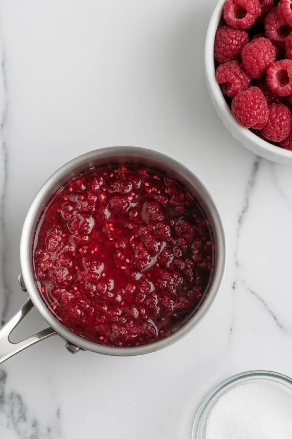 Overhead view of a saucepan filled with simmering raspberry compote, next to a white bowl of fresh raspberries and a small dish of sugar on a marble surface.