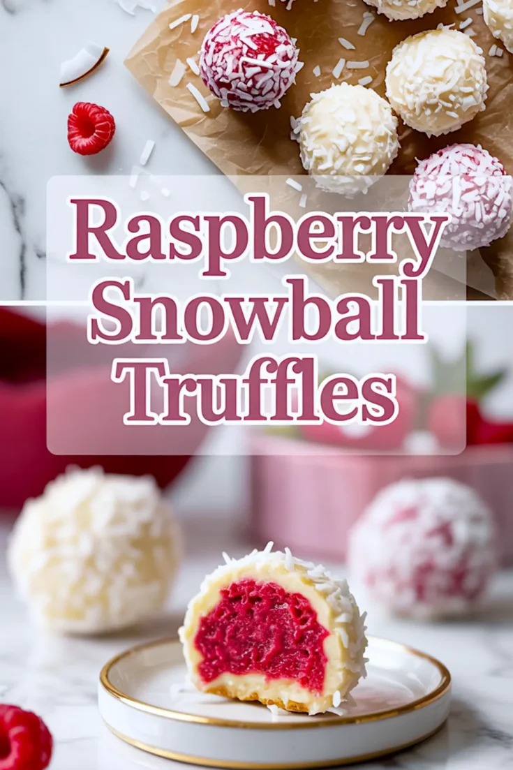 Stylized photo of raspberry snowball truffles, featuring a close-up of a bite revealing a vibrant raspberry center coated in white chocolate and shredded coconut, with text overlay reading “Raspberry Snowball Truffles.”