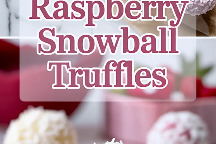 Stylized photo of raspberry snowball truffles, featuring a close-up of a bite revealing a vibrant raspberry center coated in white chocolate and shredded coconut, with text overlay reading “Raspberry Snowball Truffles.”