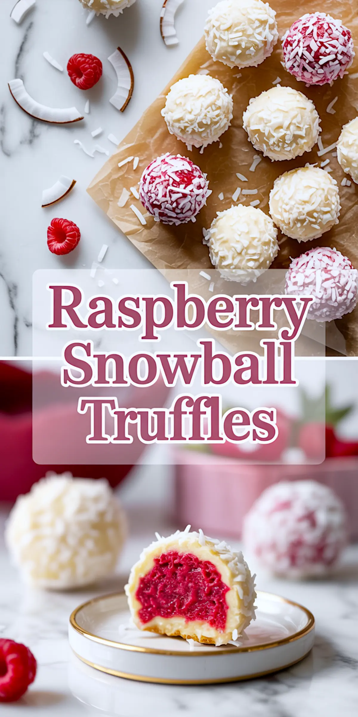 1:2 collage showing raspberry snowball truffles topped with shredded coconut on parchment paper, and a close-up of a truffle sliced in half to reveal the bright raspberry center, with a pink and white color theme and bold title text “Raspberry Snowball Truffles.”
