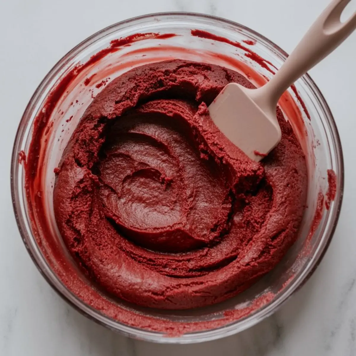 Thick red velvet cookie dough in a clear glass bowl, with a pink silicone spatula resting on the edge, ready for assembly.
