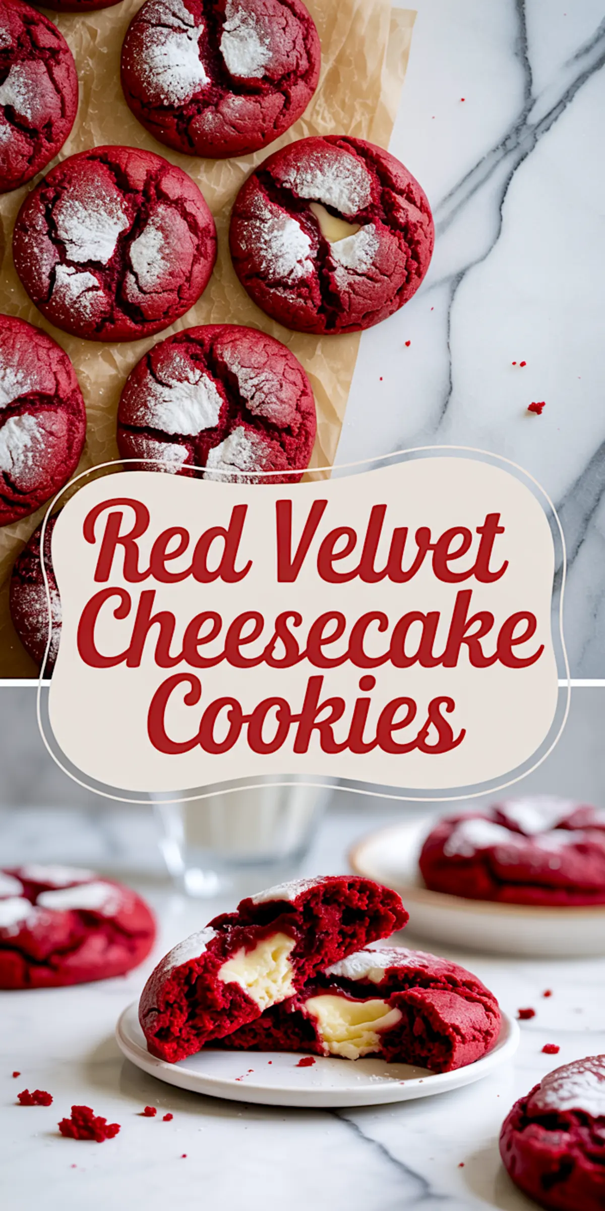 Overhead view of red velvet cookies topped with powdered sugar and arranged on parchment paper. Lower section shows a cookie split open on a round plate, displaying a rich cream cheese center. Decorative text overlay says “Red Velvet Cheesecake Cookies.”