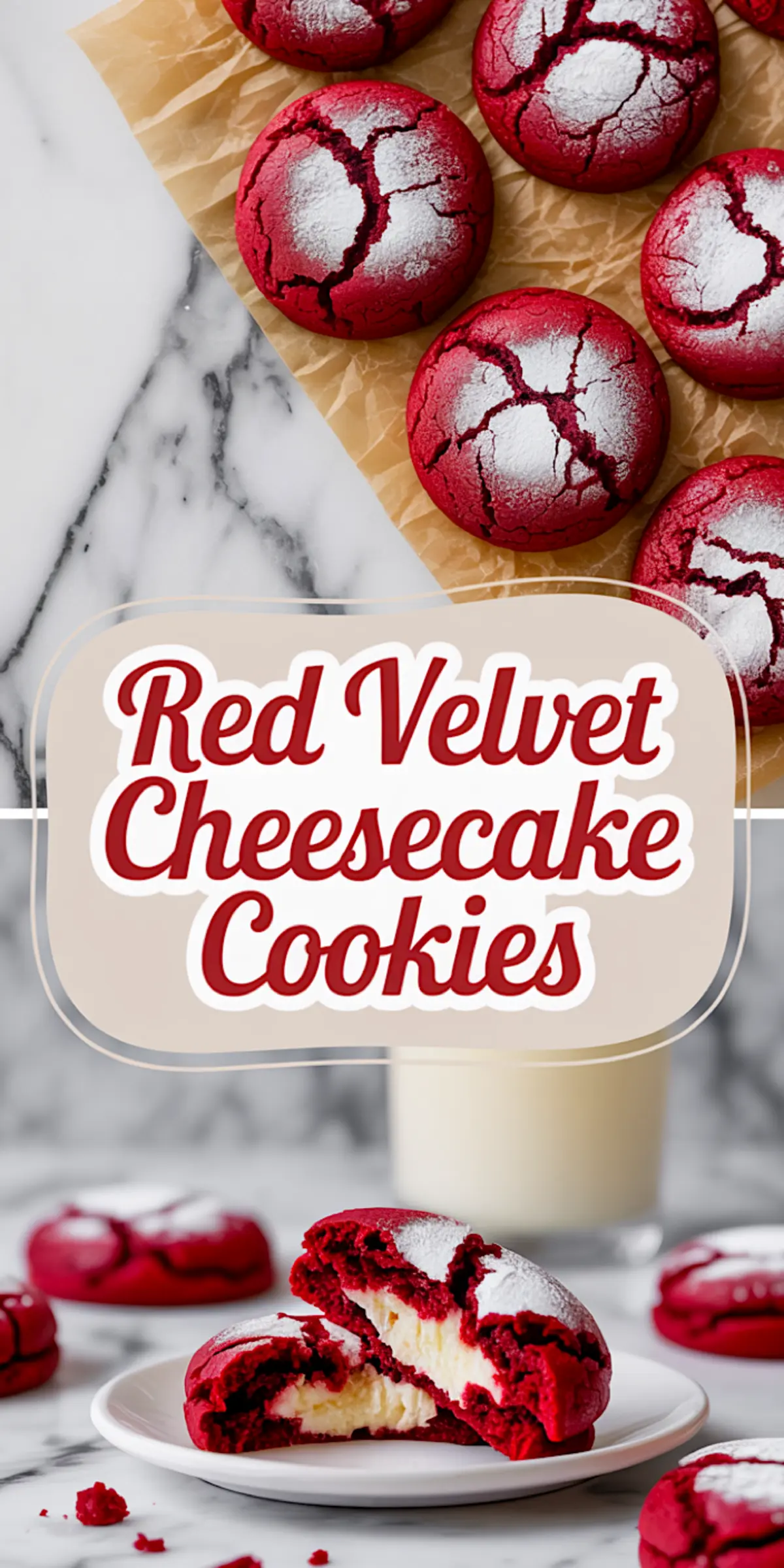 Top half shows freshly baked red velvet cheesecake cookies with a crackled powdered sugar finish on parchment paper. Bottom half displays a cookie broken in half, revealing the creamy cheesecake filling inside, with a glass of milk in the background and bold text overlay reading “Red Velvet Cheesecake Cookies.”