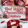 Top view highlights cracked red velvet cookies with cheesecake centers peeking through. Bottom view presents a stacked cookie broken in half, showing the creamy cheesecake interior. Text overlay in the center reads “Red Velvet Cheesecake Cookies.”
