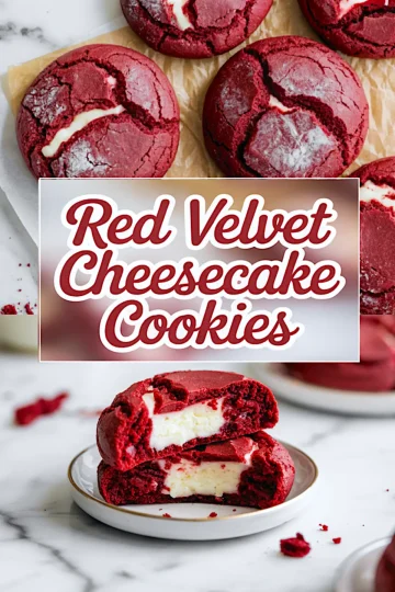 Top view highlights cracked red velvet cookies with cheesecake centers peeking through. Bottom view presents a stacked cookie broken in half, showing the creamy cheesecake interior. Text overlay in the center reads “Red Velvet Cheesecake Cookies.”