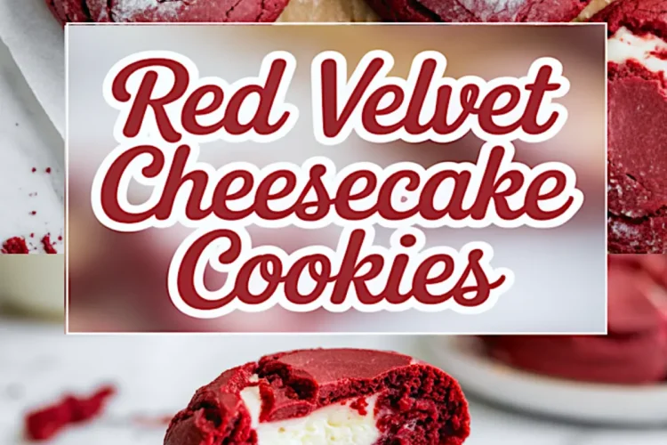 Top view highlights cracked red velvet cookies with cheesecake centers peeking through. Bottom view presents a stacked cookie broken in half, showing the creamy cheesecake interior. Text overlay in the center reads “Red Velvet Cheesecake Cookies.”
