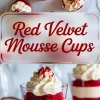 Collage image with top and bottom views of red velvet mousse cups in clear glasses. Top half shows multiple dessert cups topped with whipped cream and red velvet crumbs. Bottom half displays a close-up of a single layered mousse cup with crumbled red velvet cake and creamy white mousse, text overlay reads “Red Velvet Mousse Cups.”