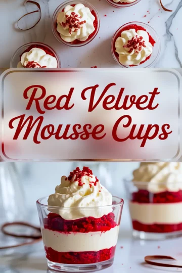Collage image with top and bottom views of red velvet mousse cups in clear glasses. Top half shows multiple dessert cups topped with whipped cream and red velvet crumbs. Bottom half displays a close-up of a single layered mousse cup with crumbled red velvet cake and creamy white mousse, text overlay reads “Red Velvet Mousse Cups.”